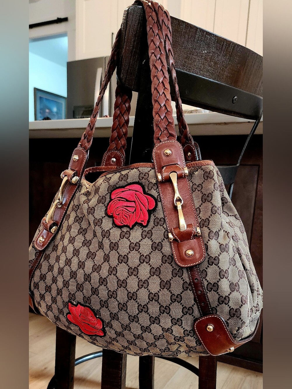 Gucci Brown GG Canvas Shoulder Bag with Red Rose Appliqués